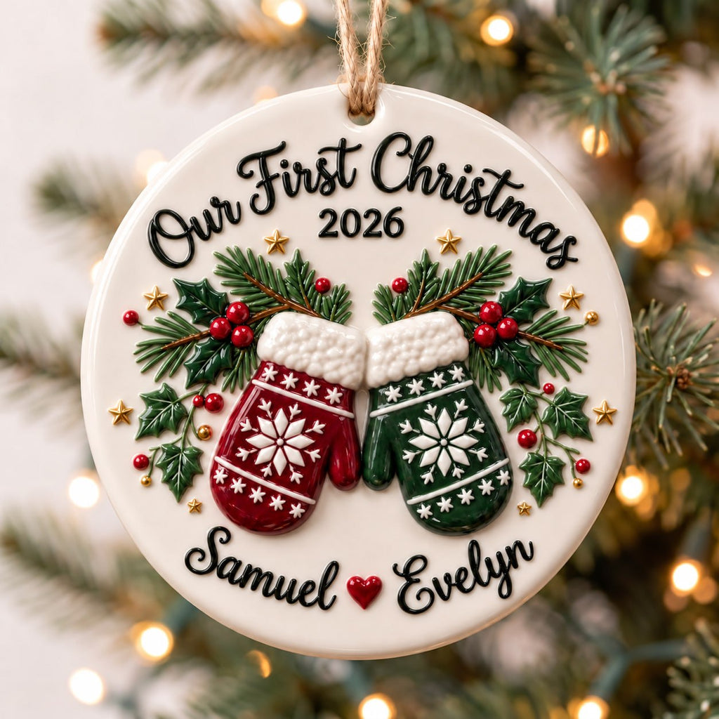 3D Relief Personalized Name Ceramic Ornament – First Christmas Couple Gift