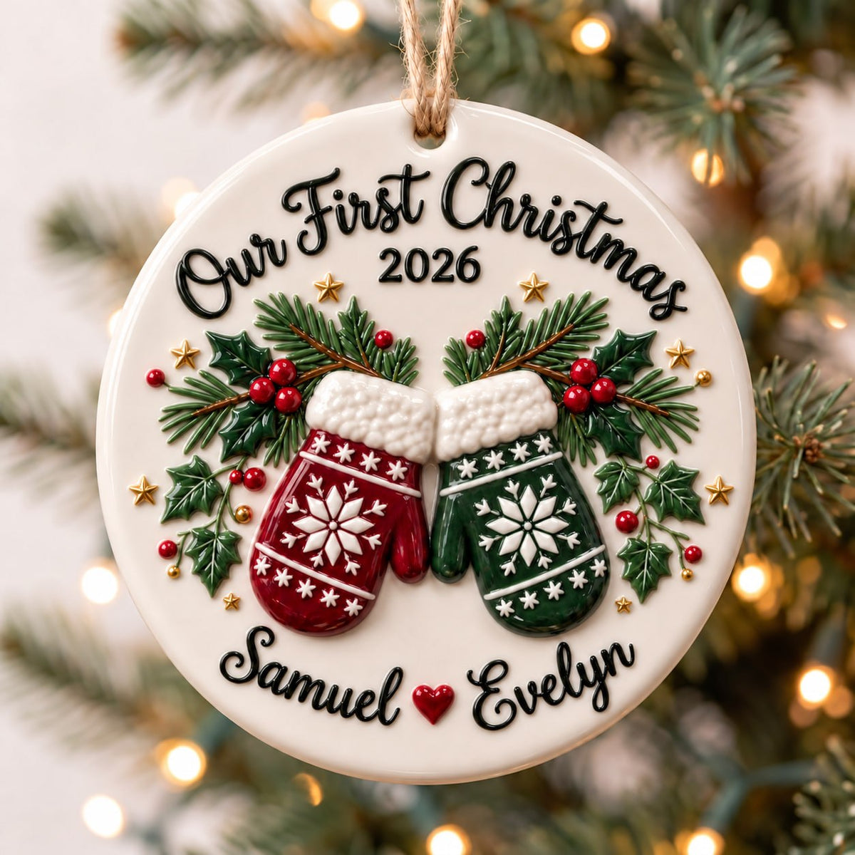 3D Relief Personalized Name Ceramic Ornament – First Christmas Couple Gift