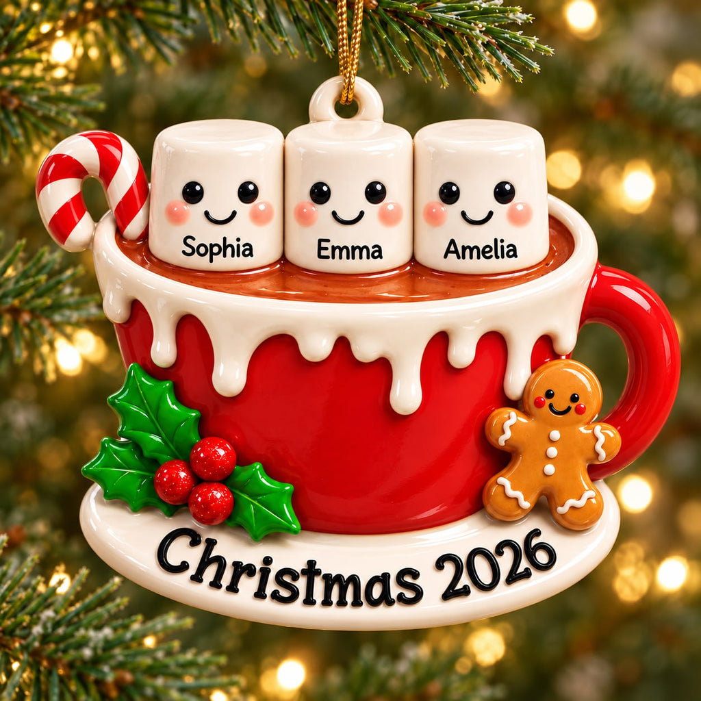 3D Raised Personalized Cup of Marshmallow Family Christmas Ornament - Xmas Gift for Family or Best Friends