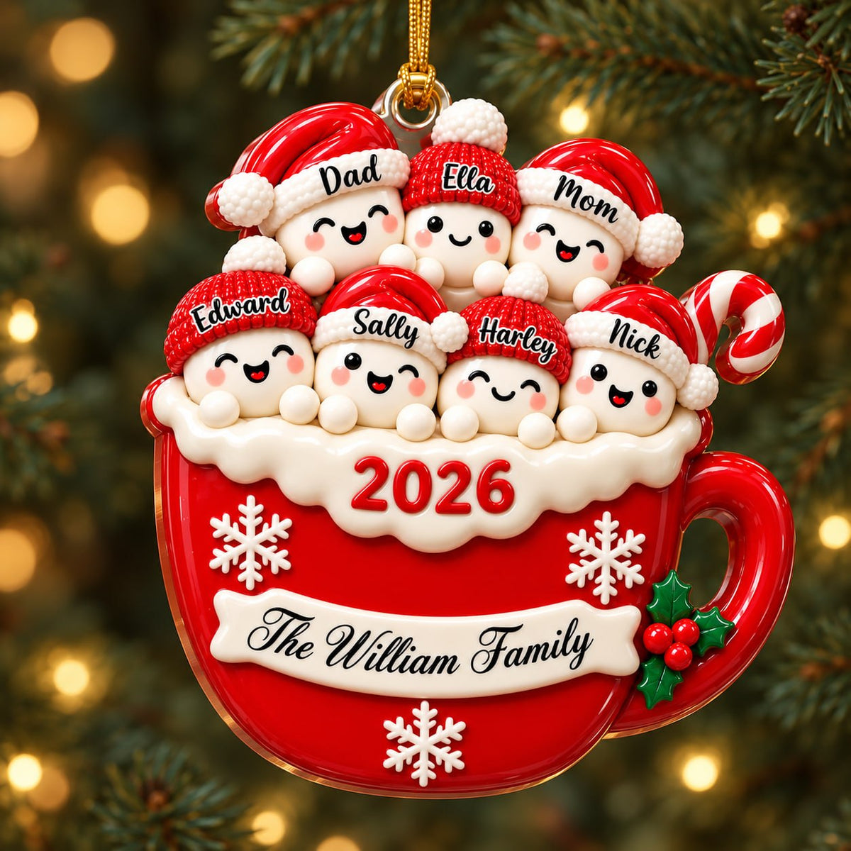 3D Raised Personalized A Cup Of Marshmallow Family Christmas Ornament