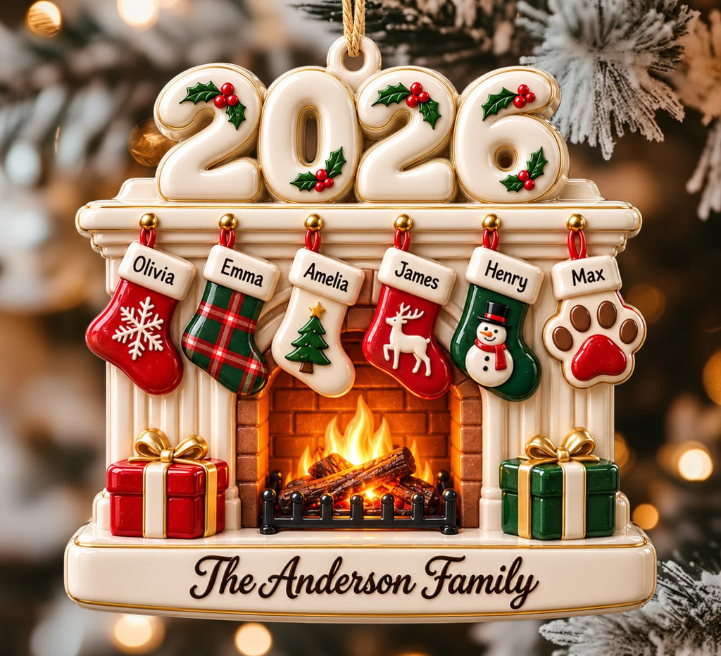 3D Raised Personalized 2026 Fireplace Stocking Christmas Ornament – Family Gifts