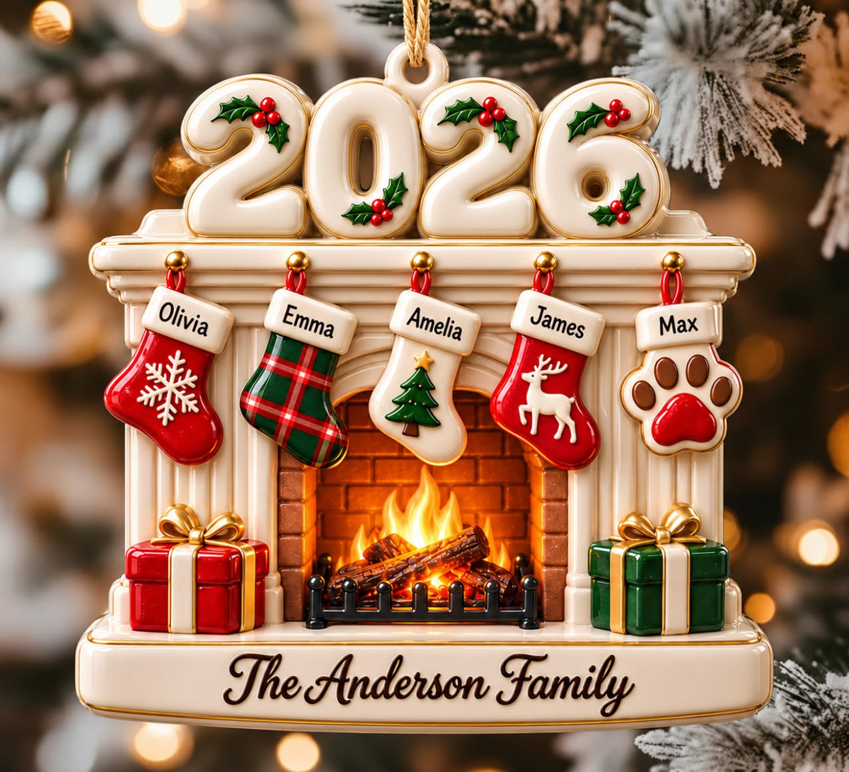 3D Raised Personalized 2026 Fireplace Stocking Christmas Ornament – Family Gifts