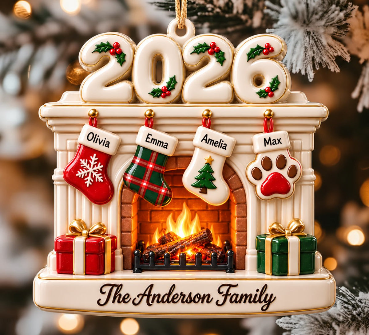 3D Raised Personalized 2026 Fireplace Stocking Christmas Ornament – Family Gifts