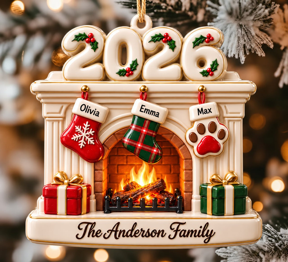 3D Raised Personalized 2026 Fireplace Stocking Christmas Ornament – Family Gifts