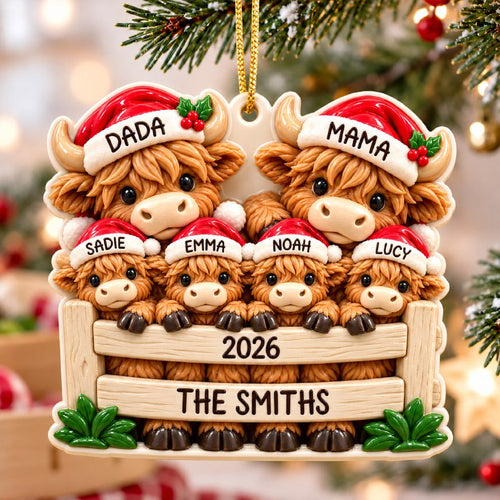 3D Raised Personalized 2026 Highland Cow Christmas Ornament – Family Gifts