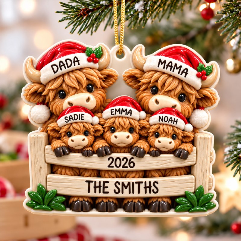 3D Raised Personalized 2026 Highland Cow Christmas Ornament – Family Gifts