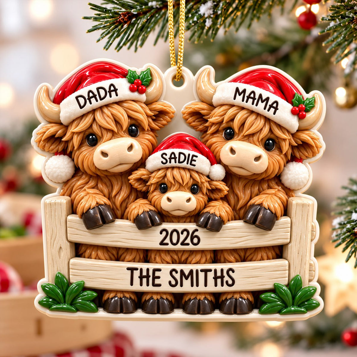3D Raised Personalized 2026 Highland Cow Christmas Ornament – Family Gifts