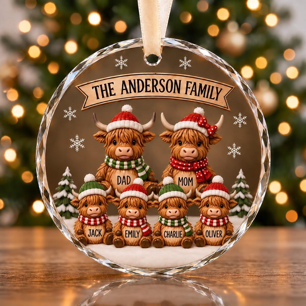 3D Raised Personalized Highland Cow Family Round Glass Christmas Ornament