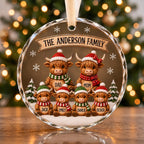 3D Raised Personalized Highland Cow Family Round Glass Christmas Ornament