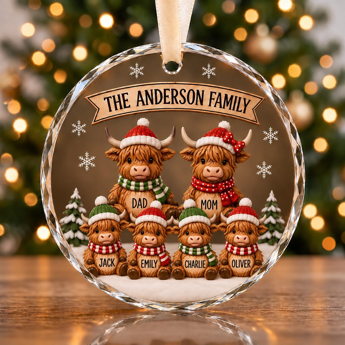 3D Raised Personalized Highland Cow Family Round Glass Christmas Ornament