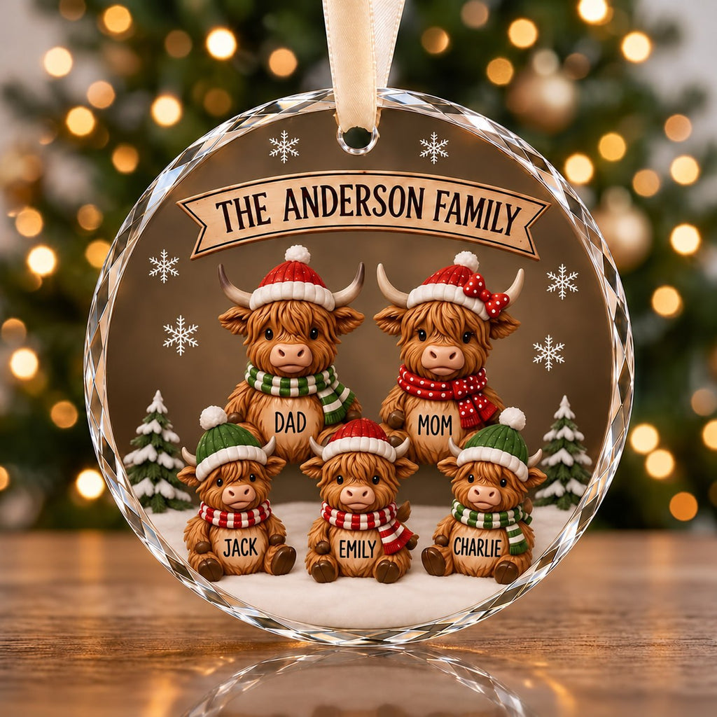 3D Raised Personalized Highland Cow Family Round Glass Christmas Ornament