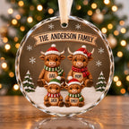 3D Raised Personalized Highland Cow Family Round Glass Christmas Ornament