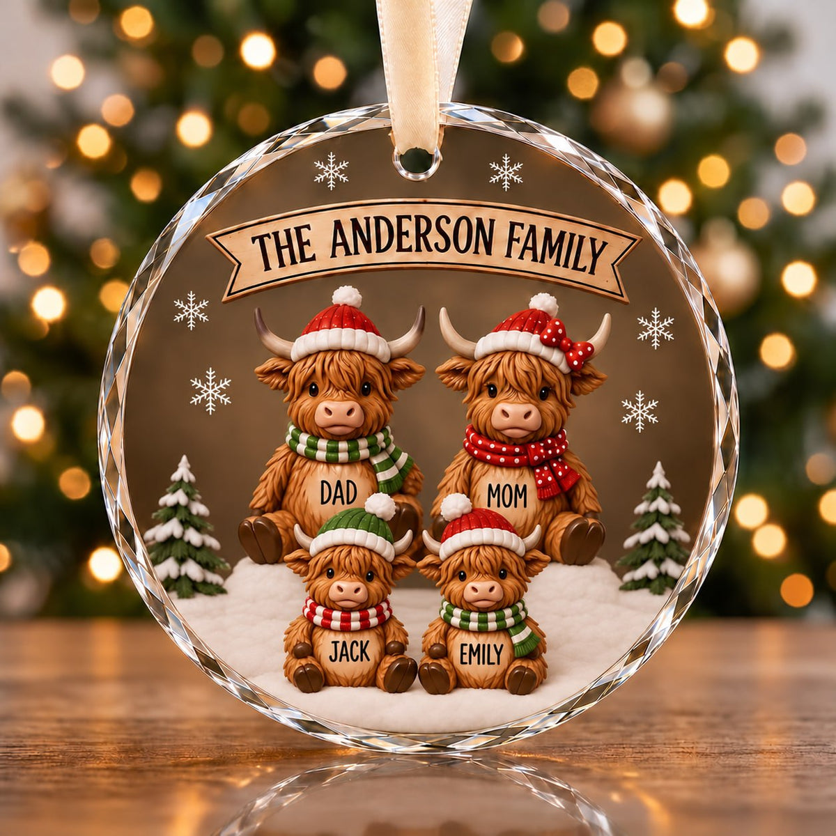 3D Raised Personalized Highland Cow Family Round Glass Christmas Ornament
