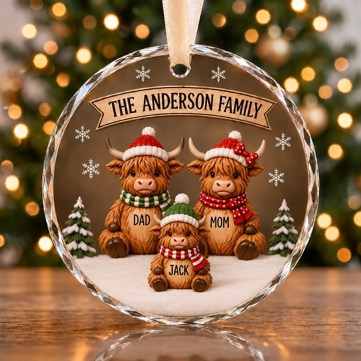 3D Raised Personalized Highland Cow Family Round Glass Christmas Ornament