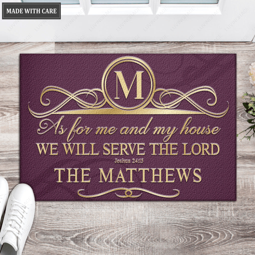 Faux Gold Ornate Monogram Serve The Lord Personalized Doormat