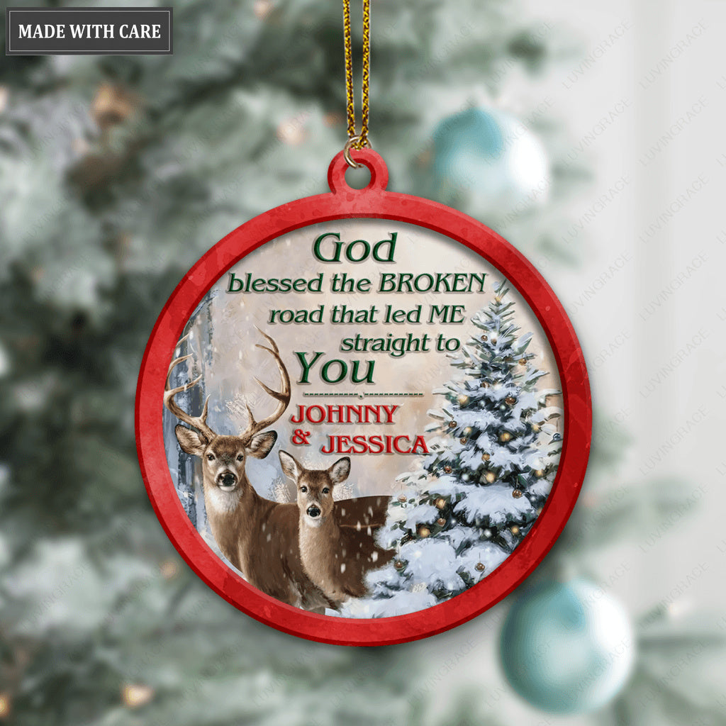 Christmas Snow Forest Deer Couple God Blessed Personalized Ornament
