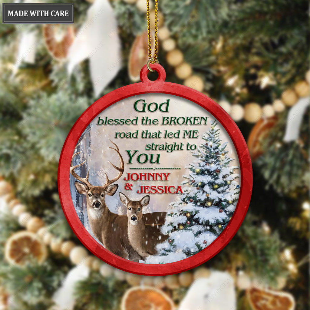 Christmas Snow Forest Deer Couple God Blessed Personalized Ornament