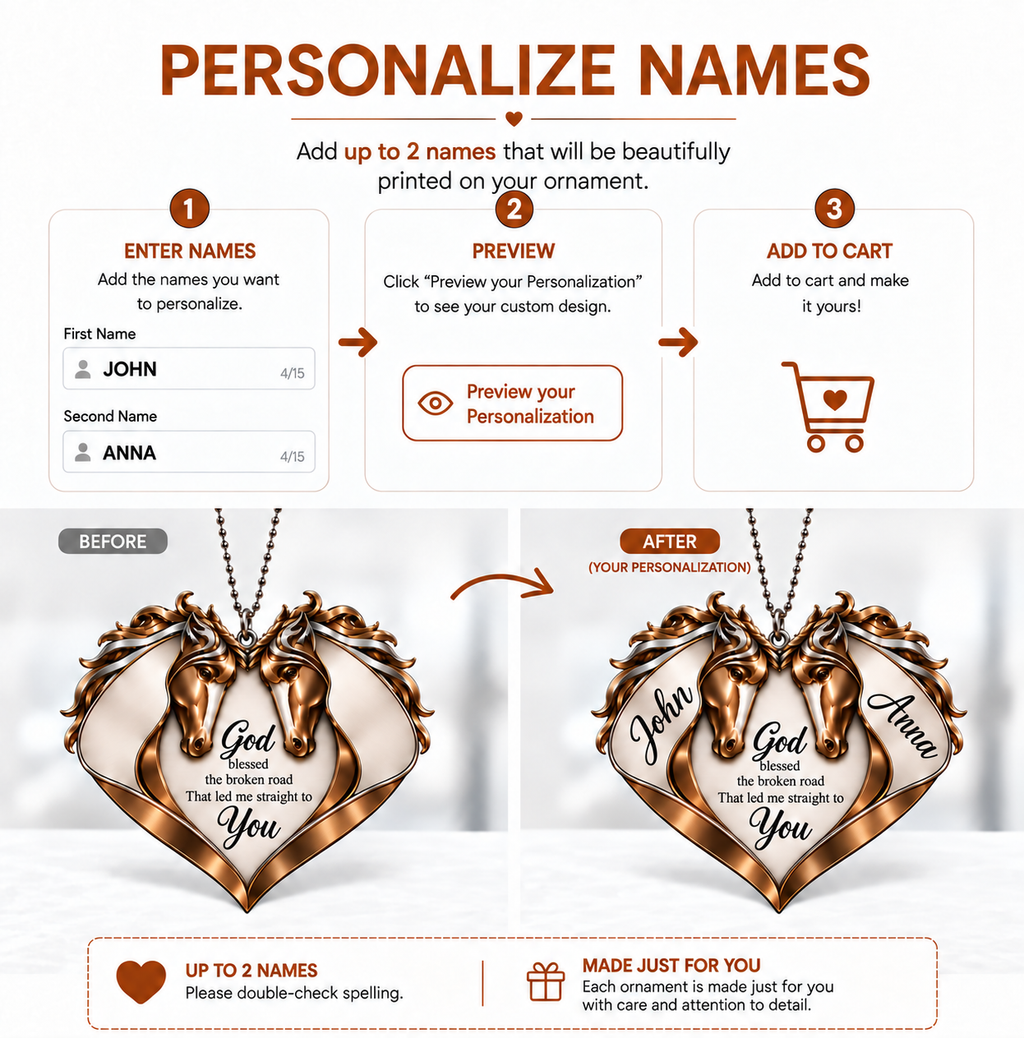 Couple Horse Heart God Blessed Personalized Ornament - Custom Names Horse Couple Heart Car Ornament Gift for Couples, Anniversary Gifts for Husband & Wife