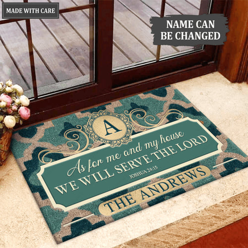 Aqua Quatrefoil Monogram Serve The Lord Personalized Doormat