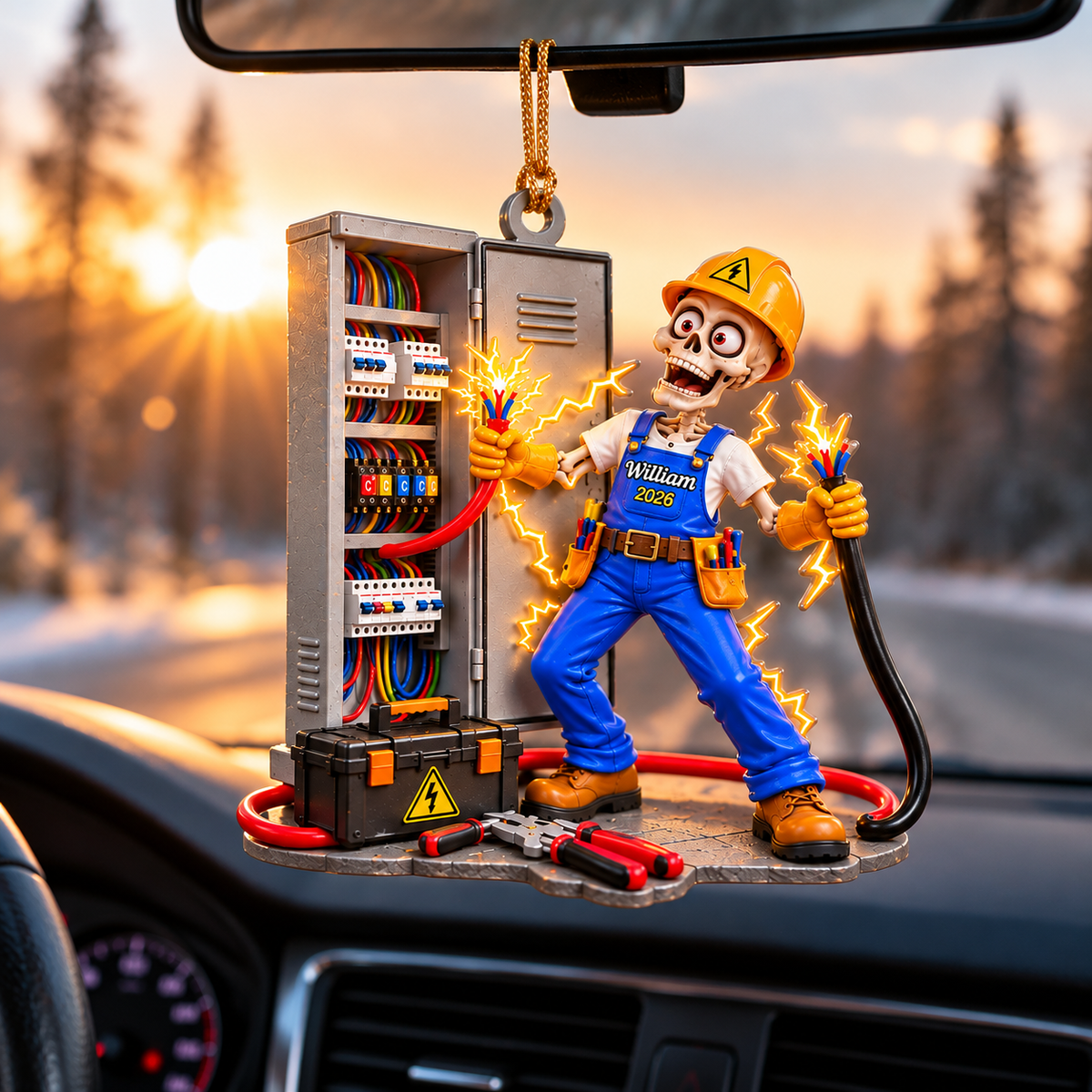 Funny Skeleton Electrician With Custom Name - Personalized Ornament
