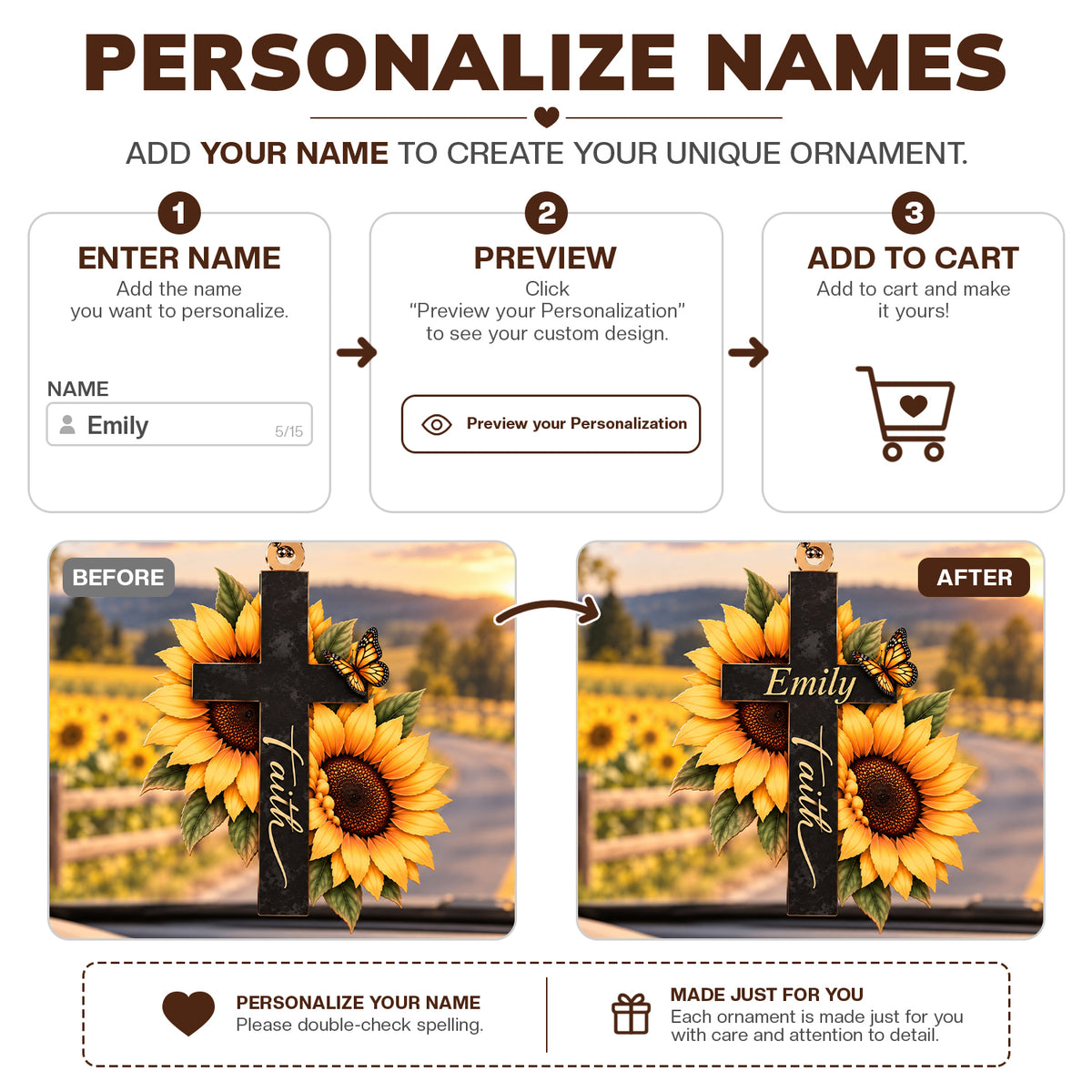 Personalized Name Faith Cross Ornament – Christian Sunflower Keepsake