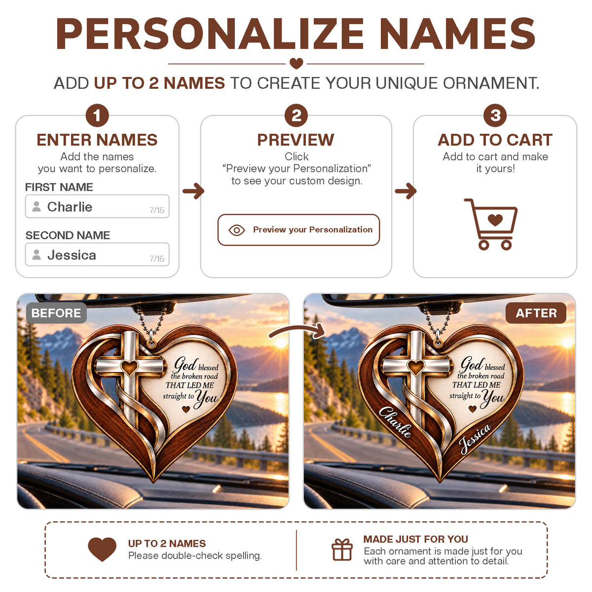 Personalized Names Wood Cross God Blessed Heart Ornament - Romantic Faith Gift for Couples