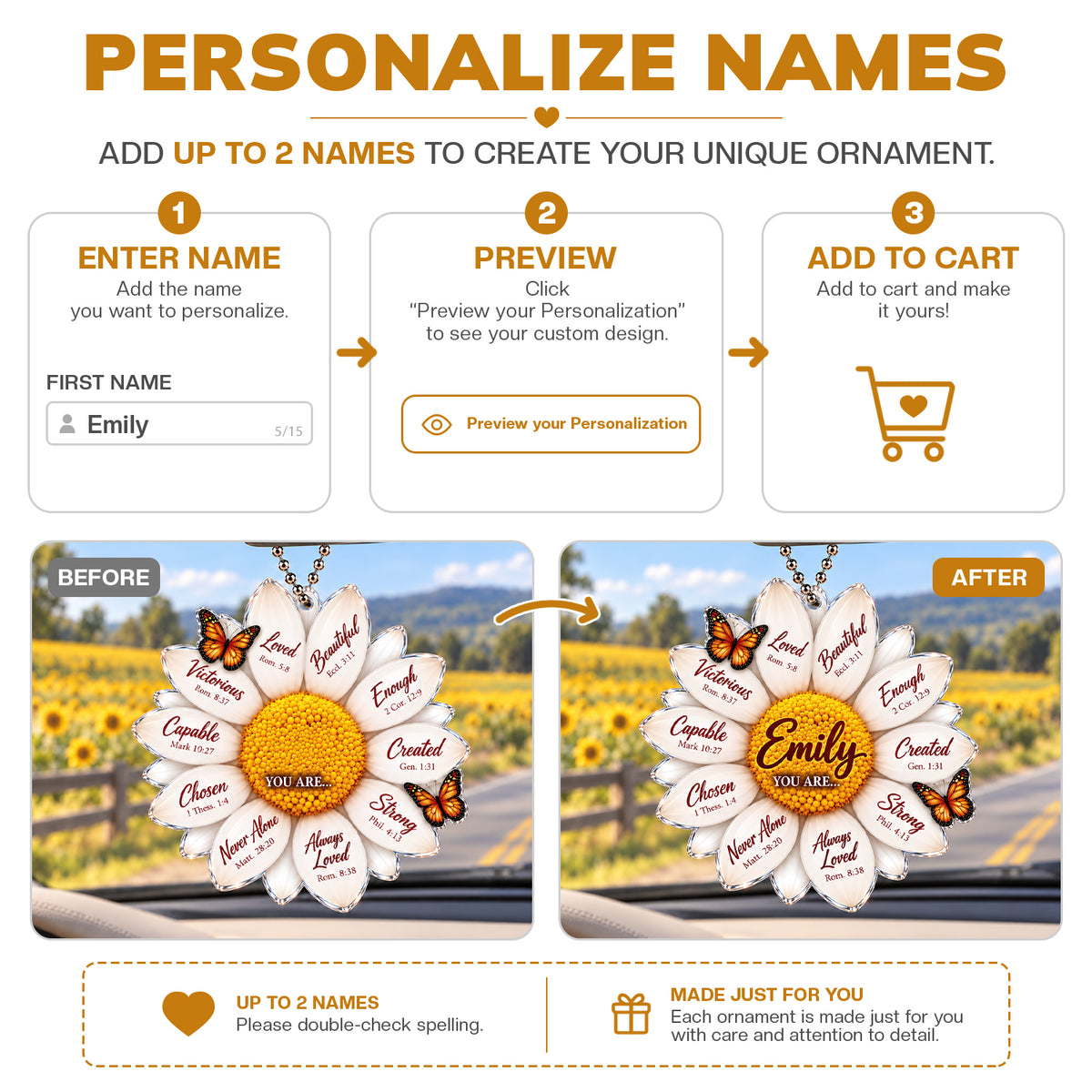 Personalized Name Faith & Love Daisy Ornament – Christian Gift