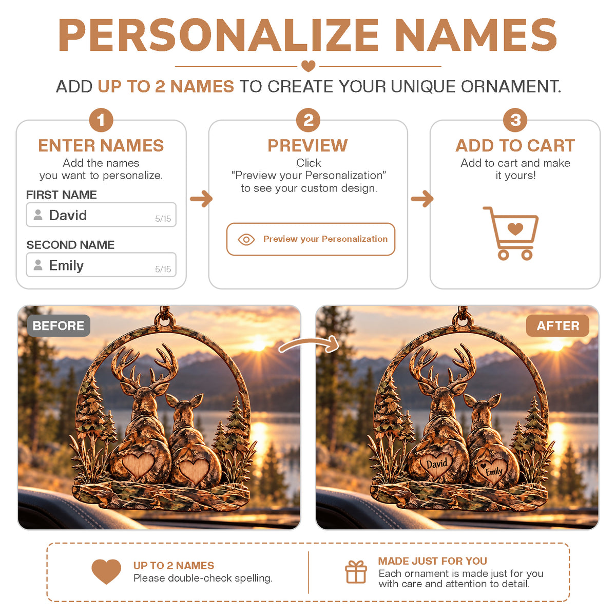 Personalized Names Rustic Woodland Deer Couple Ornament - Anniversary Gift