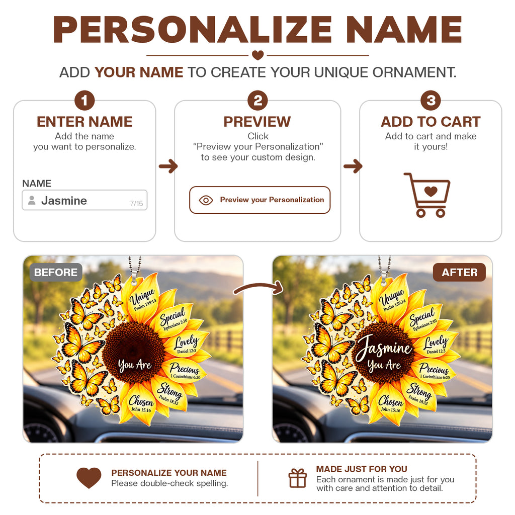 Personalized Names You Are Butterflies and Sunflower Car Ornament - Faith Gift for Her