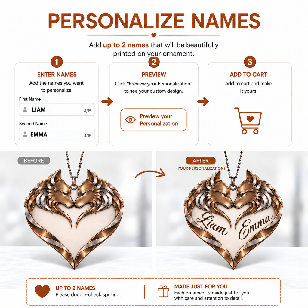 Couple Wolf Heart Personalized Ornament - Custom Names Wolf Couple Heart Car Ornament Gift for Couples, Anniversary Gifts for Husband & Wife