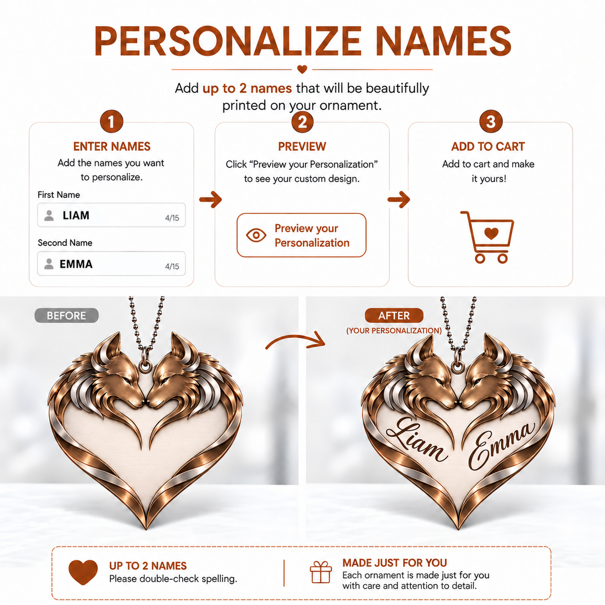 Couple Wolf Heart Personalized Ornament - Custom Names Wolf Couple Heart Car Ornament Gift for Couples, Anniversary Gifts for Husband & Wife