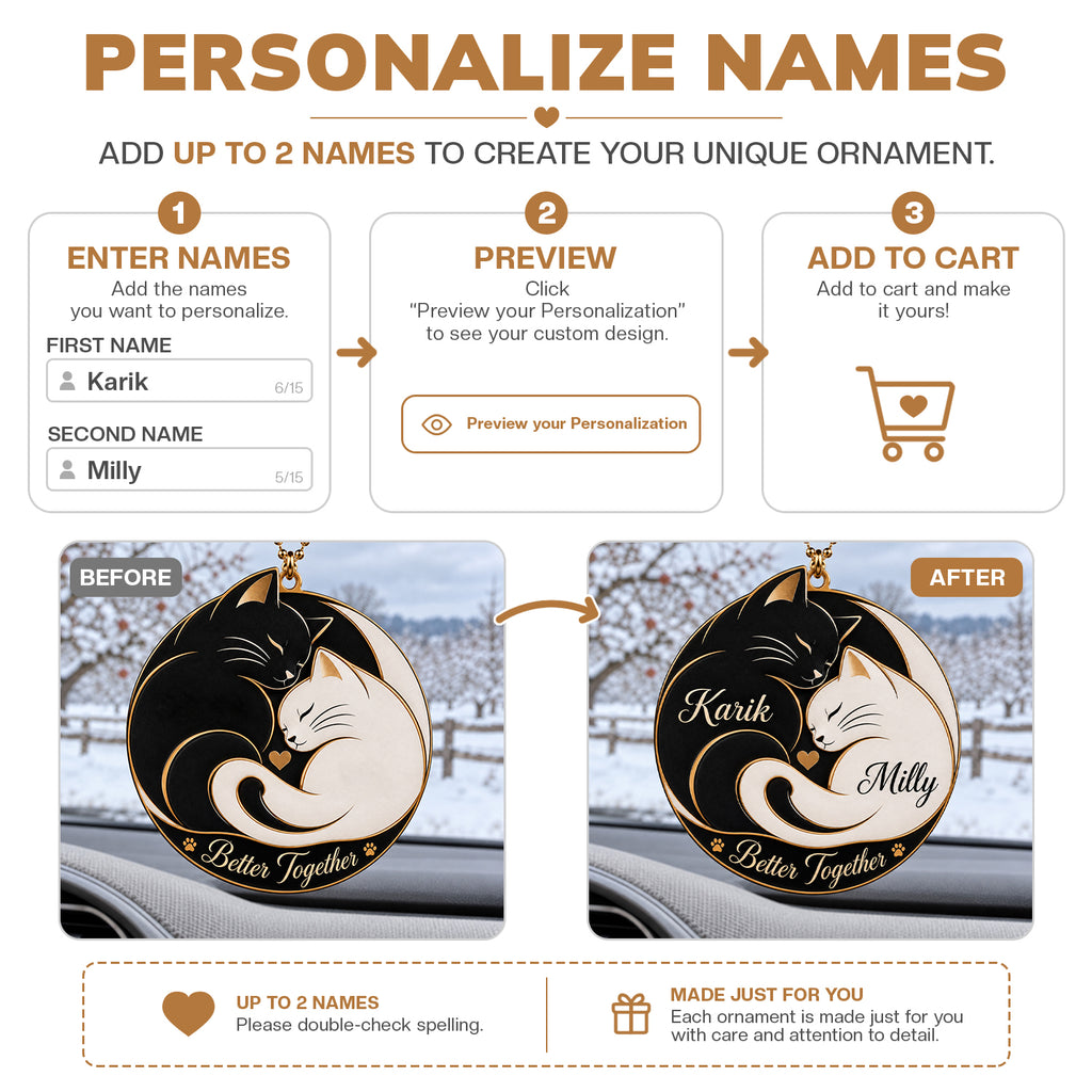 Personalized Names Yin Yang Cat Couple Ornament – Anniversary Gift for Him & Her