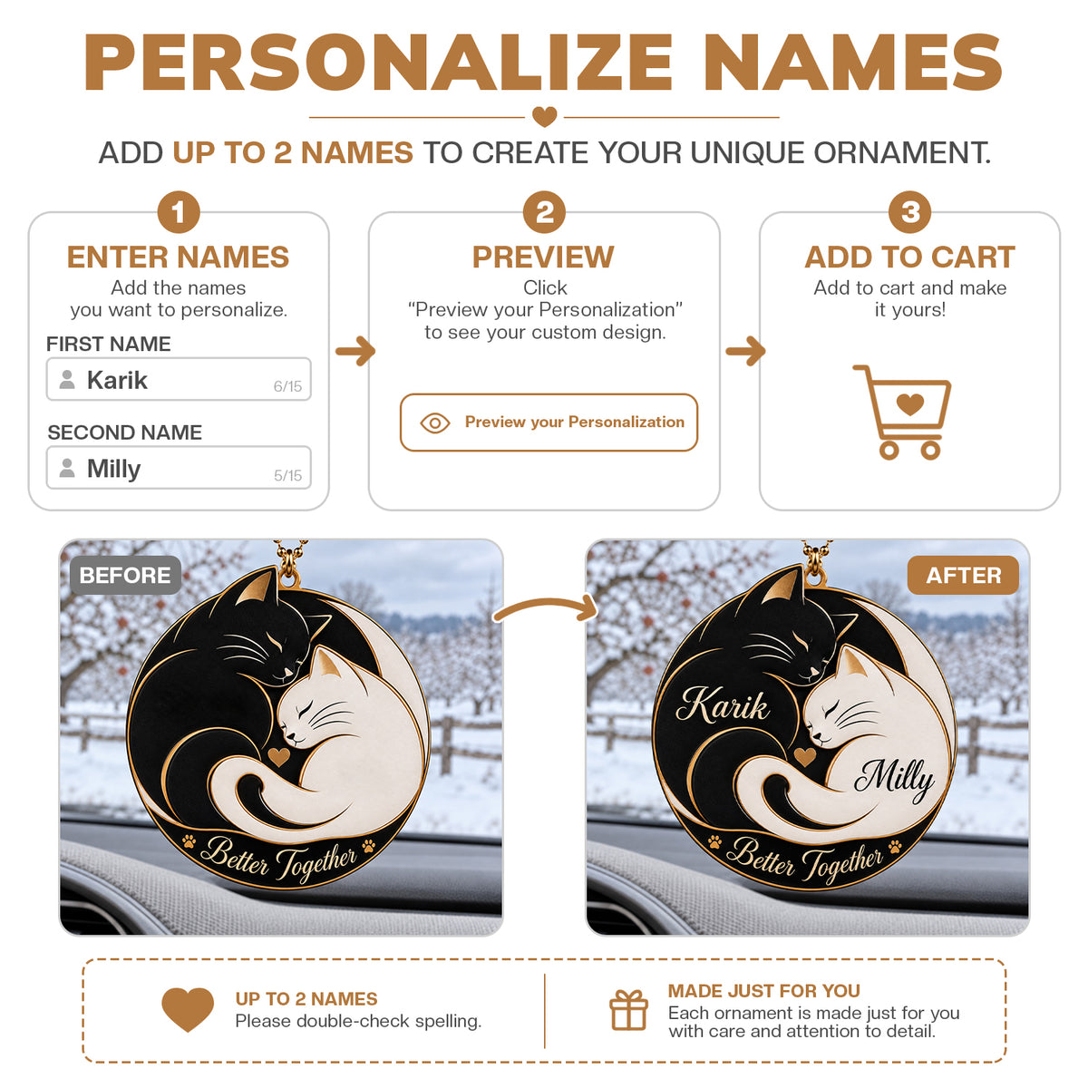 Personalized Names Yin Yang Cat Couple Ornament – Anniversary Gift for Him & Her