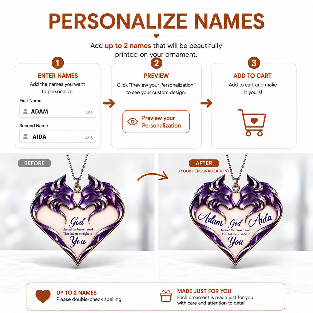 Couple Wolf Heart Personalized Ornament - Custom Names God Blessed Heart Wolf Couple Car Ornament Gift for Couples, Anniversary Gifts for Husband & Wife
