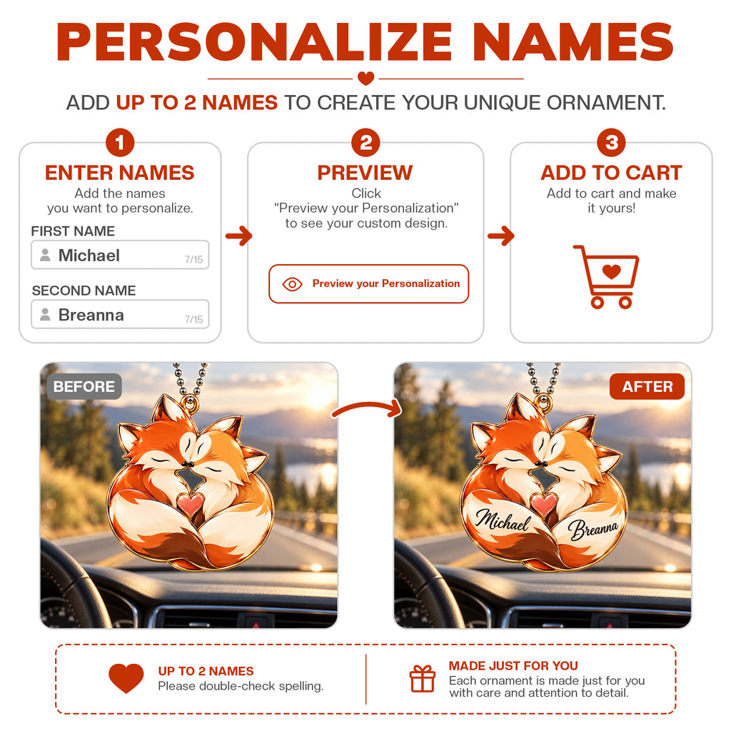 Personalized Names Loving Fox Couple Ornament – Anniversary Gift for Him & Her