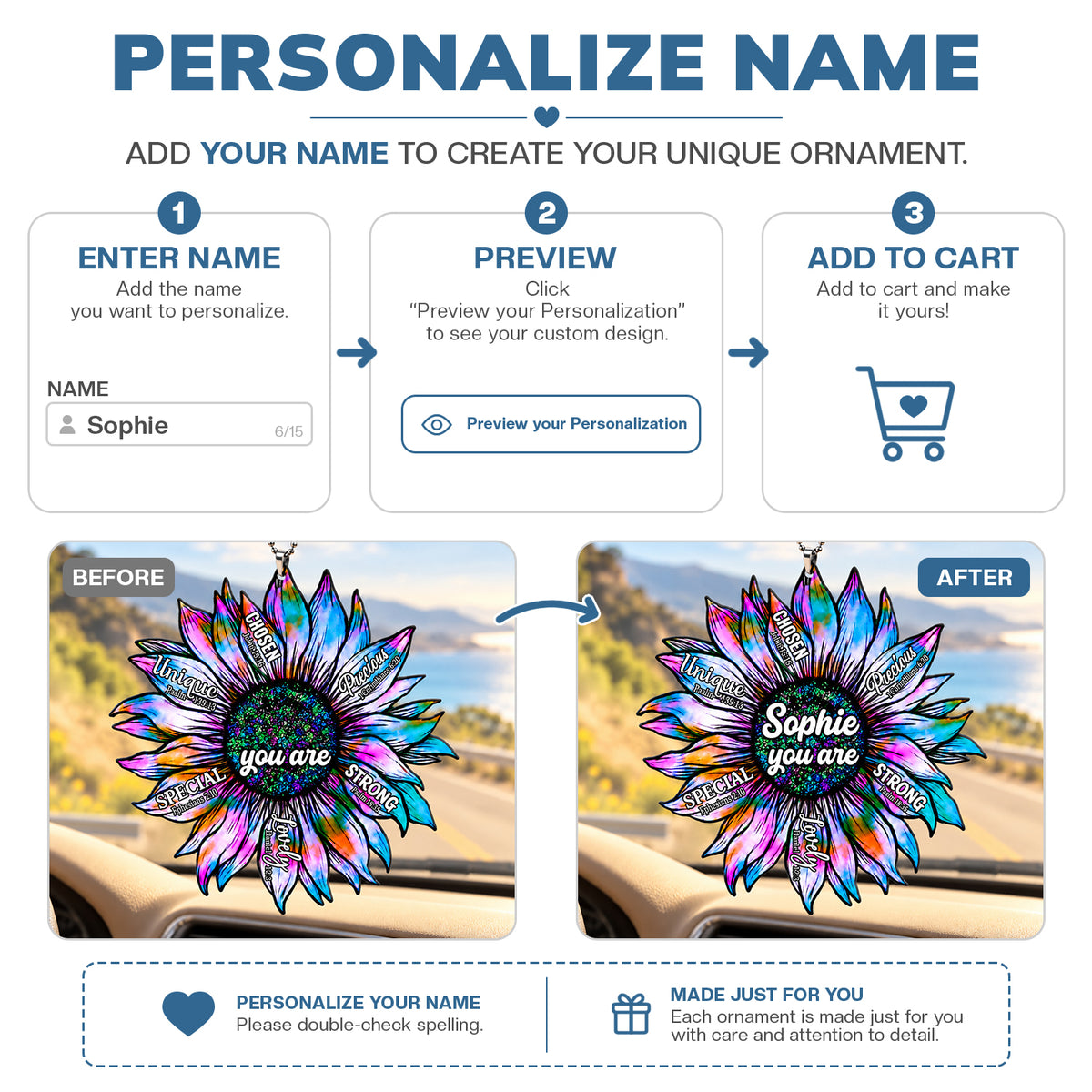 Personalized Name You Are Beautiful Sunflower Car Ornament - Inspirational Gift for Her