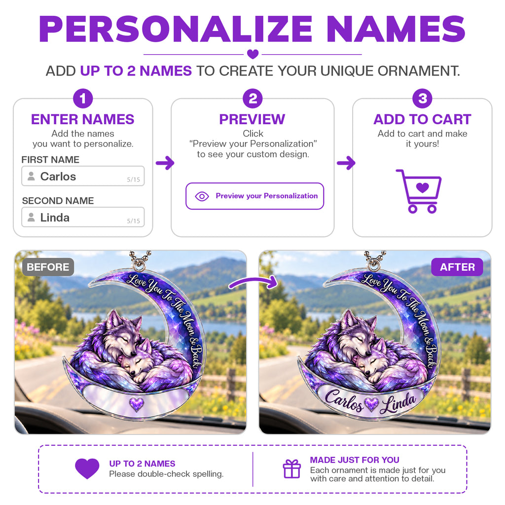Personalized Names Love You to the Moon & Back Purple Crystal Wolf Couple Ornament – Anniversary Gift