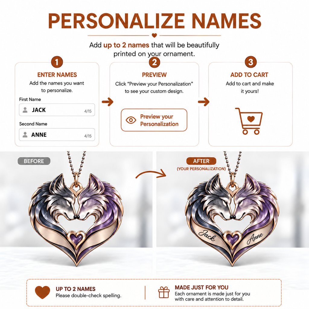 Couple Wolf Heart Personalized Ornament - Custom Names Romantic Love with Wolf Couple Heart Car Ornament - Gift for Couples, Anniversary Gifts for Husband & Wife, for Wolf Lovers