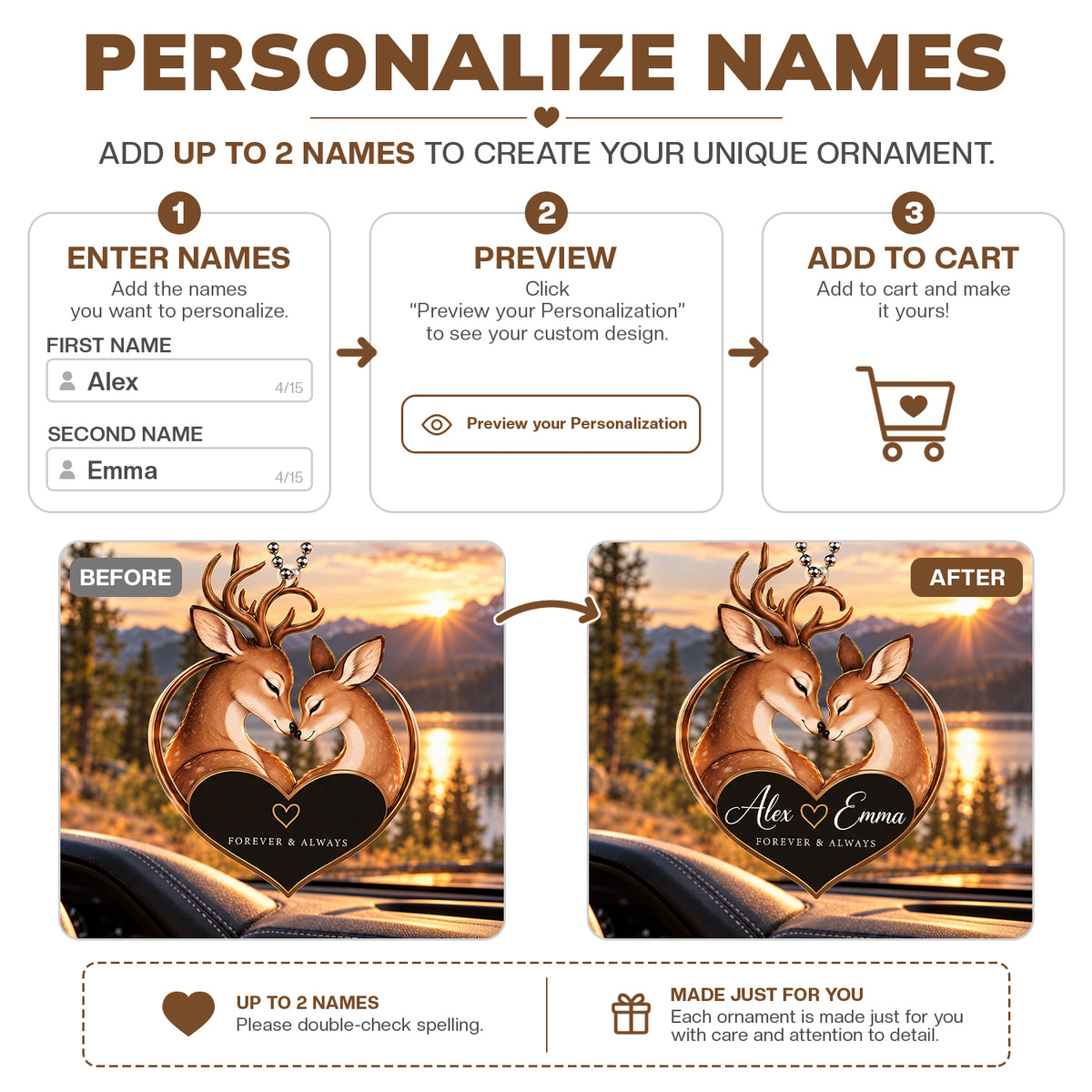 Personalized Names Forever & Always Deer Couple Ornament – Anniversary Gift