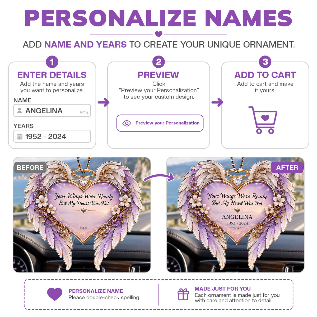 Personalized Name & Year Angel Wings Memorial Ornament - Sympathy Gift for Loved Ones
