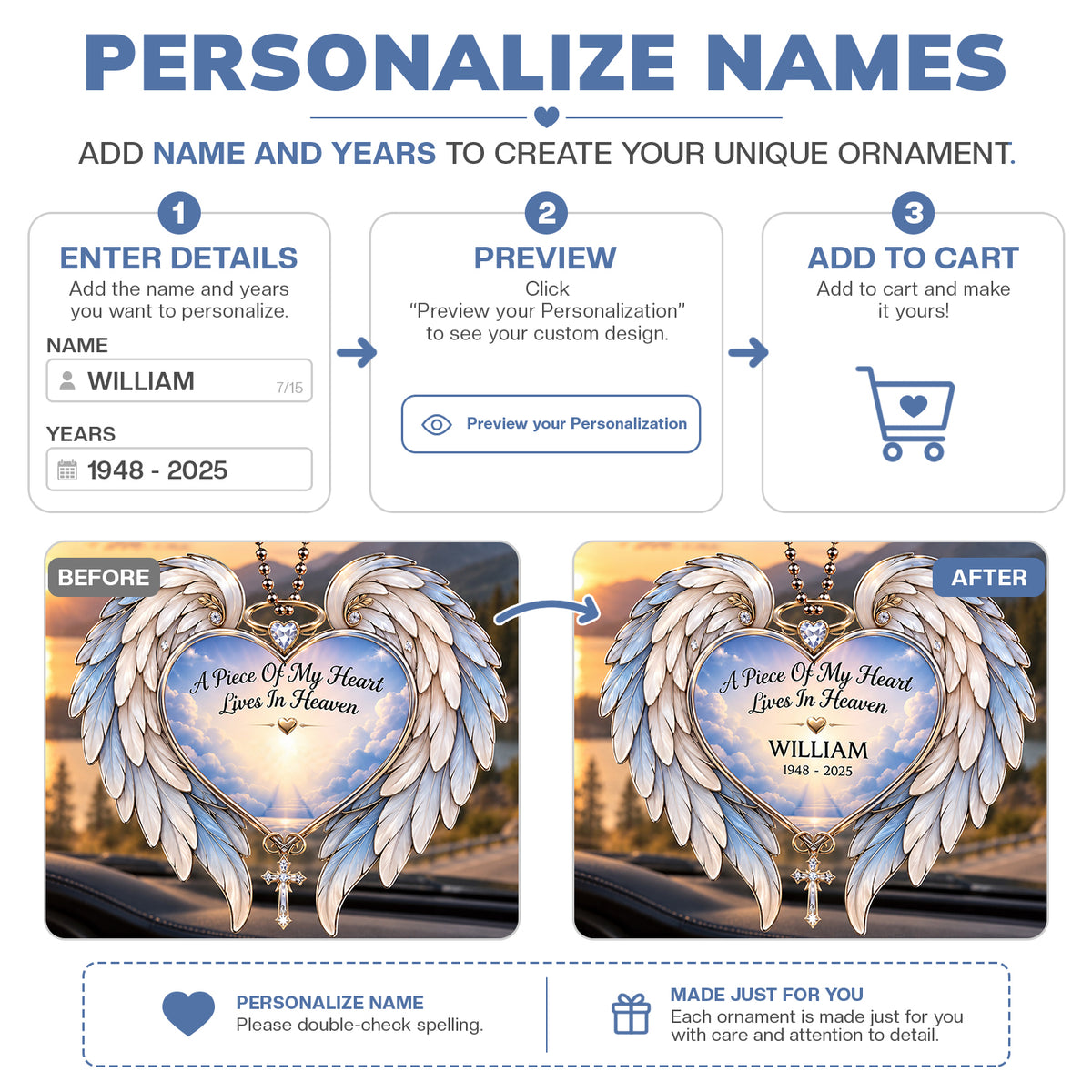 Personalized Name & Year A Piece of My Heart Lives in Heaven Ornament - Memorial Gift for Loved One