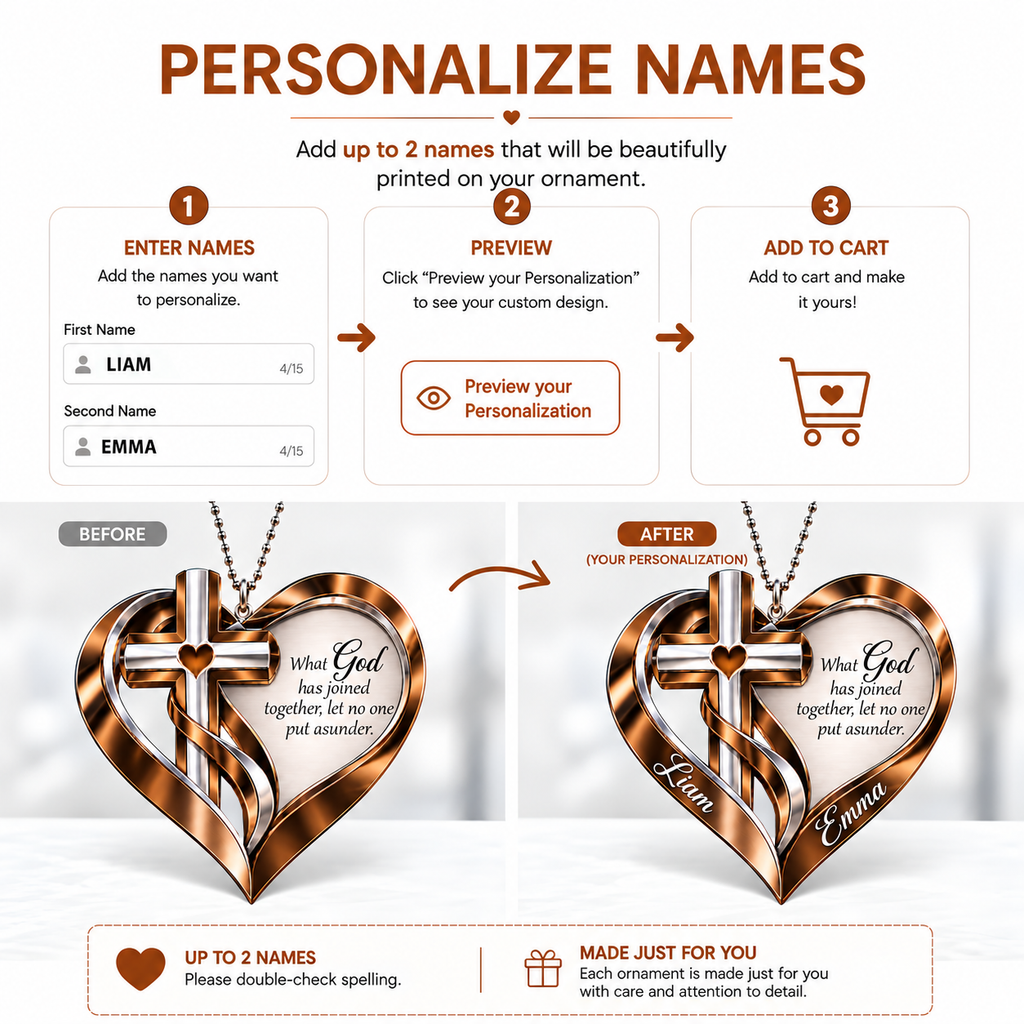Personalized Names Memorial Cross Heart Ornament – What God Has Joined Together Car Ornament - Ideal Gift for Couples, Anniversary Gift for Jesus Lovers