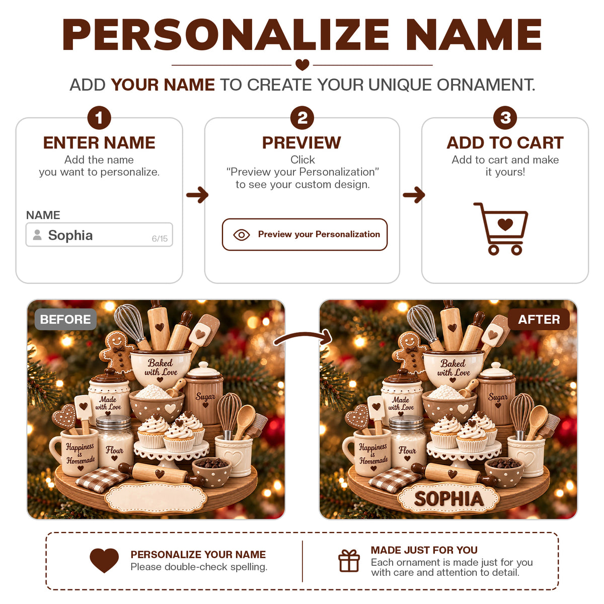 Personalized Name 3D Raised Baked with Love Baker Christmas Ornament