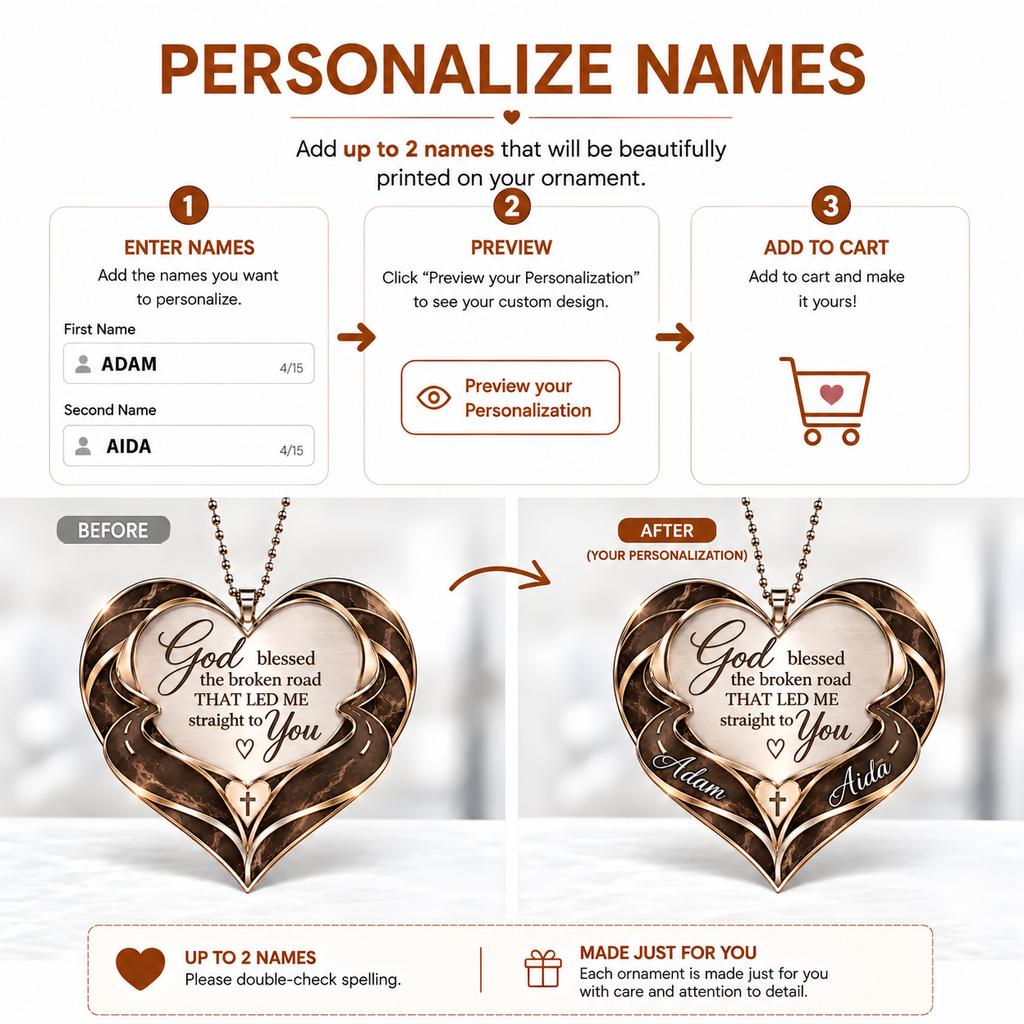 Personalized Jesus Bible Cross Heart Ornament, Custom Couple Names God Blessed Heart Car Ornament - Gift for Couples, Anniversary Gift for Husband & Wife