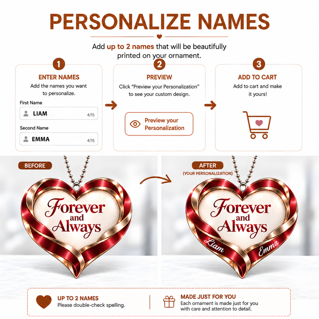 Personalized Romantic Heart Ornament – Custom Names Forever And Always Car Ornament - Anniversary Gift for Couples, Gift for Wedding