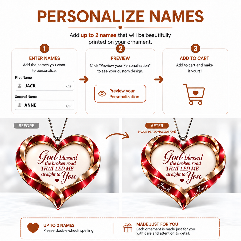 Personalized Romantic Christian Heart Ornament – Custom Names God Blessed Heart Car Ornament - Anniversary Gift for Couples, Gift for Wedding
