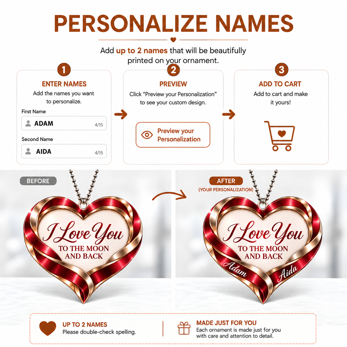 Personalized Romantic Heart Ornament – Custom Names I Love You to the Moon & Back Heart Car Ornament - Anniversary Gift for Couples, Gift for Wedding