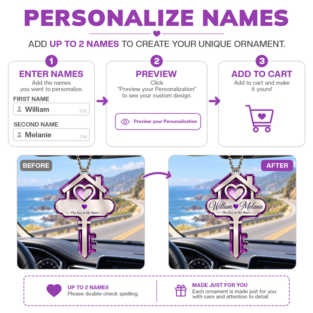 Personalized Names Key to My Heart Ornament – Romantic Couple Gift