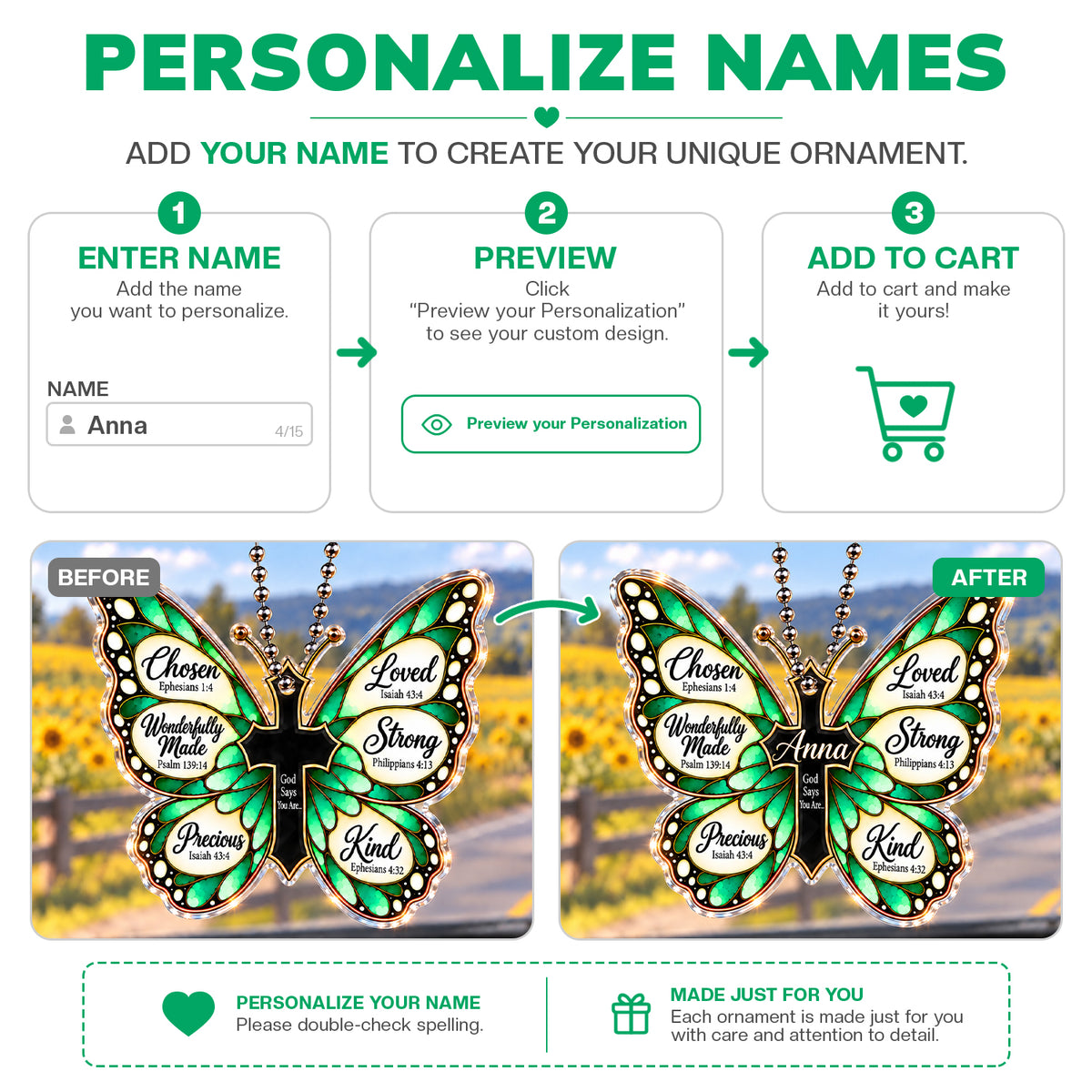 Personalized Name God Says You Are Green Butterfly Ornament - Gift for Her, Gift for Jesus Lovers