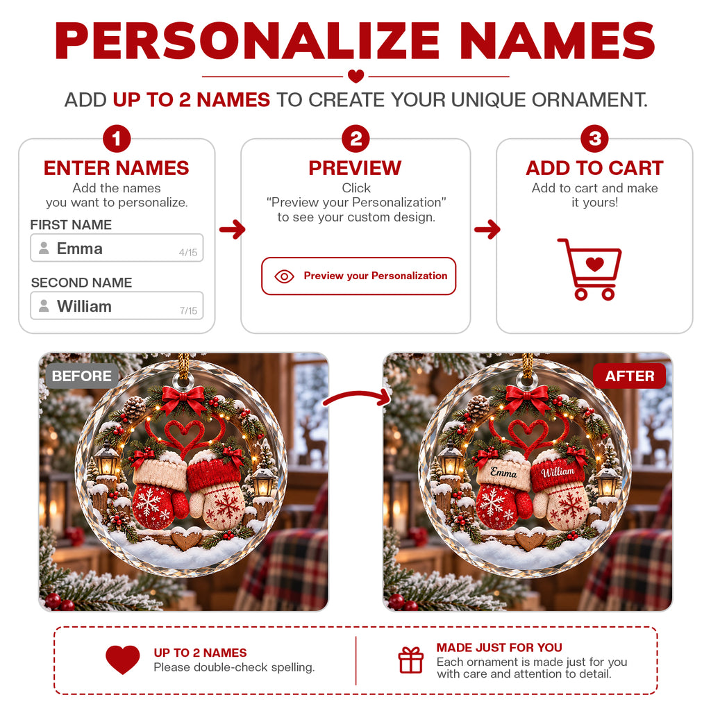 Personalized Christmas Mittens Couple Ornament – Custom Names Romantic Gift